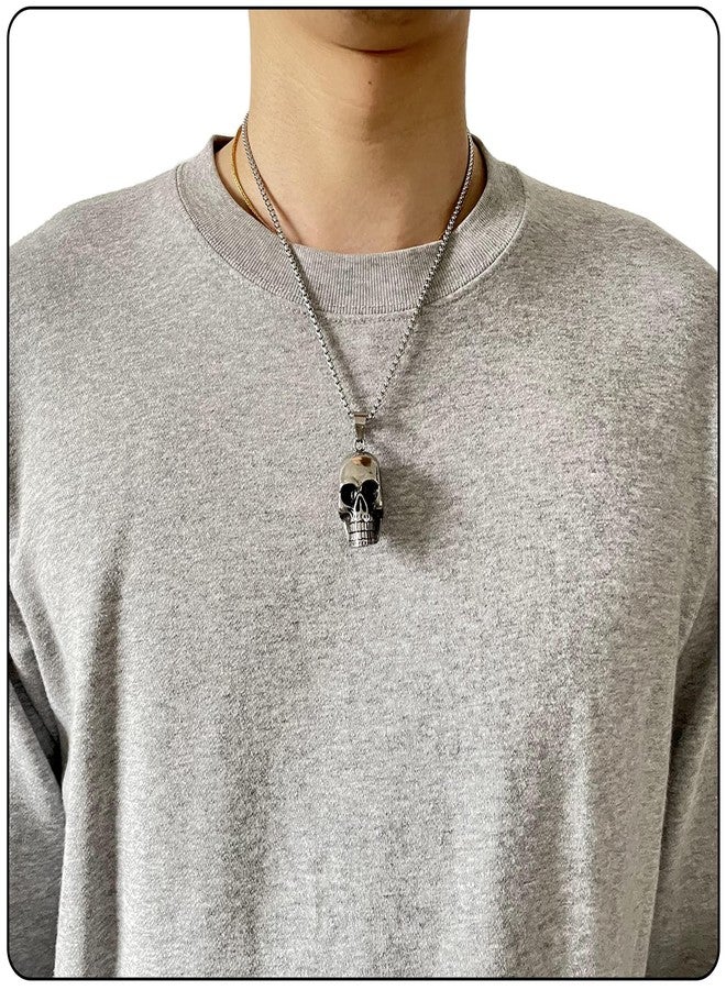 Fusamk Punk Rapper Stainless Steel Skull Head Pendant Necklace(Steel Skull) - Image 2