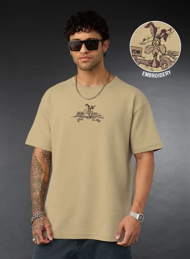 The Souled Store The Souled Store Men Looney Tunes Brown Embroidered Oversized T-Shirts