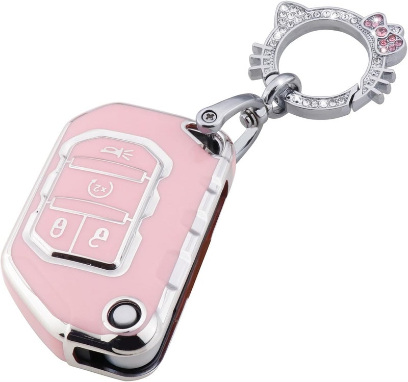 PANGPAI Pink Key Fob Cover for Jeep, Soft TPU Key Case Protection with Bling Keychain Fit for 2018-2022 Jeep Gladiator Wrangler Sahara Rubicon - Image 1