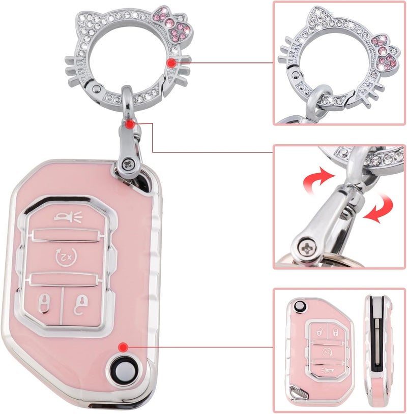 PANGPAI Pink Key Fob Cover for Jeep, Soft TPU Key Case Protection with Bling Keychain Fit for 2018-2022 Jeep Gladiator Wrangler Sahara Rubicon - Image 4