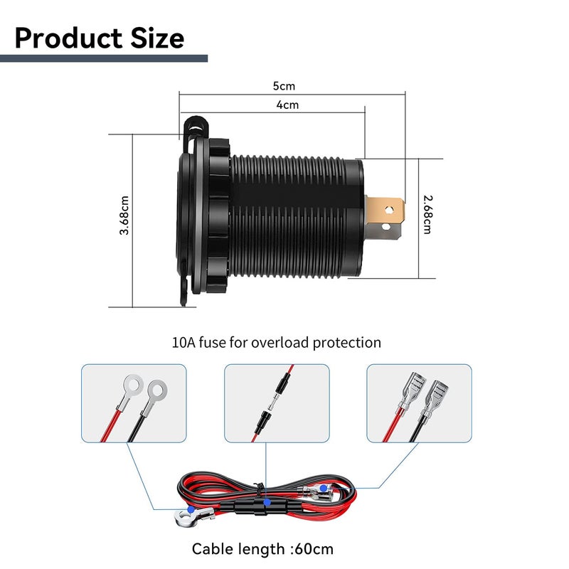 JZS Car Charger Socket, Double USB Outlet QC3.0 Aluminum Metal Car Socket with Touch Power Switch, Fast Charge Adapter for Car Boat Marine RV Golf Cart Motorcycle - Image 2