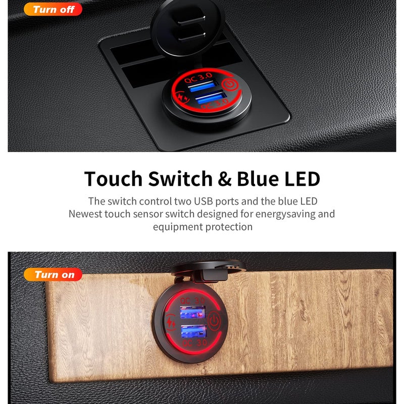 JZS Car Charger Socket, Double USB Outlet QC3.0 Aluminum Metal Car Socket with Touch Power Switch, Fast Charge Adapter for Car Boat Marine RV Golf Cart Motorcycle - Image 4