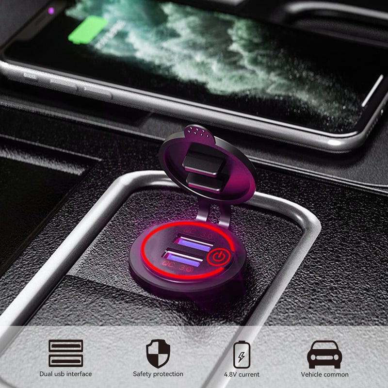 JZS Car Charger Socket, Double USB Outlet QC3.0 Aluminum Metal Car Socket with Touch Power Switch, Fast Charge Adapter for Car Boat Marine RV Golf Cart Motorcycle - Image 3