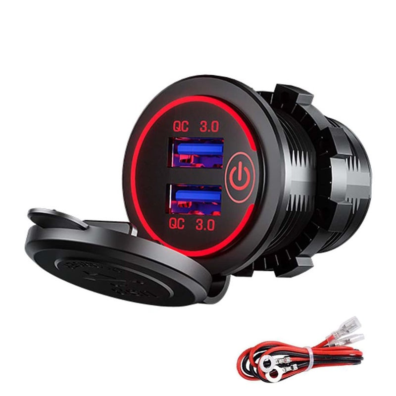 JZS Car Charger Socket, Double USB Outlet QC3.0 Aluminum Metal Car Socket with Touch Power Switch, Fast Charge Adapter for Car Boat Marine RV Golf Cart Motorcycle - Image 1