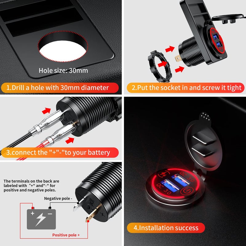 JZS Car Charger Socket, Double USB Outlet QC3.0 Aluminum Metal Car Socket with Touch Power Switch, Fast Charge Adapter for Car Boat Marine RV Golf Cart Motorcycle - Image 5