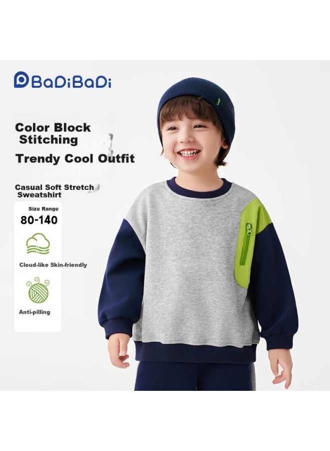 Badibadi Spring Autumn Baby Boys Sweatshirt Colorblock Raglan Sleeve Casual Comfortable Versatile Top Blue Gray 110 - Image 1