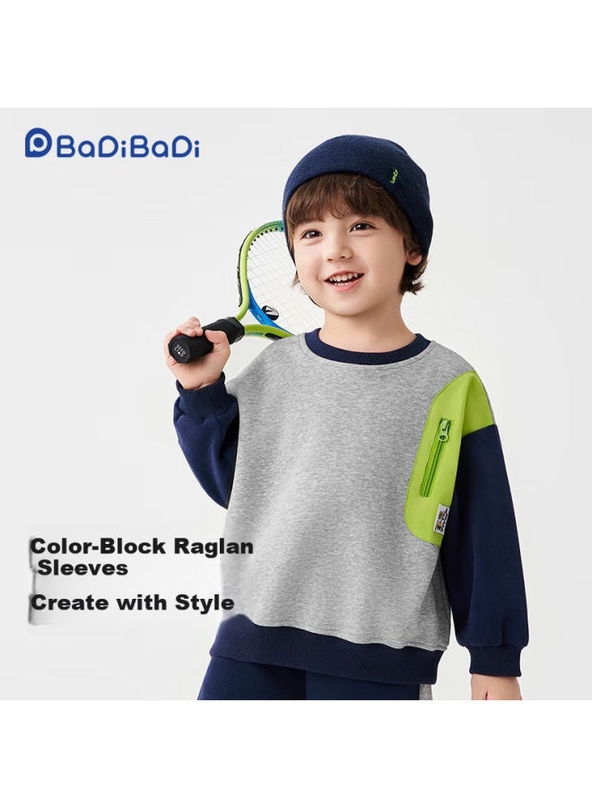 Badibadi Spring Autumn Baby Boys Sweatshirt Colorblock Raglan Sleeve Casual Comfortable Versatile Top Blue Gray 110 - Image 2