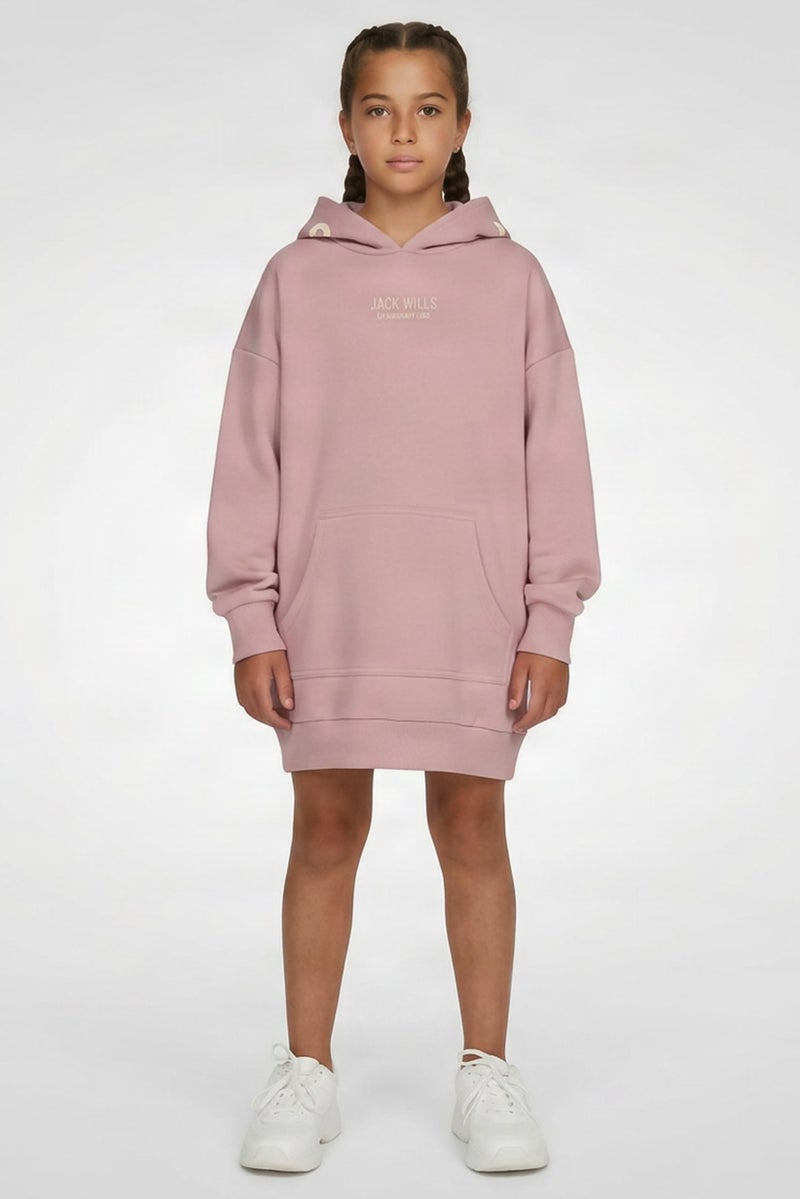 Jack Wills Kids Girl Hooded Embroidered Logo Long Sleeve Dress, Old Rose - Image 1