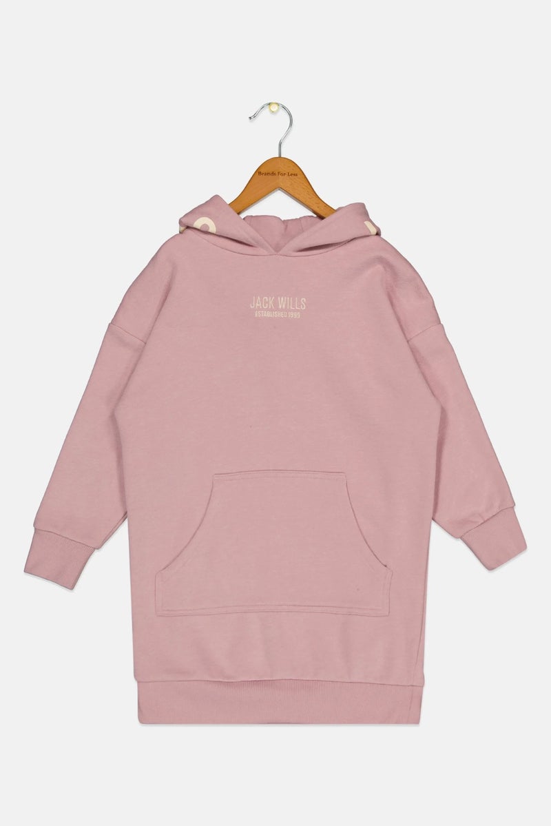Jack Wills Kids Girl Hooded Embroidered Logo Long Sleeve Dress, Old Rose - Image 3