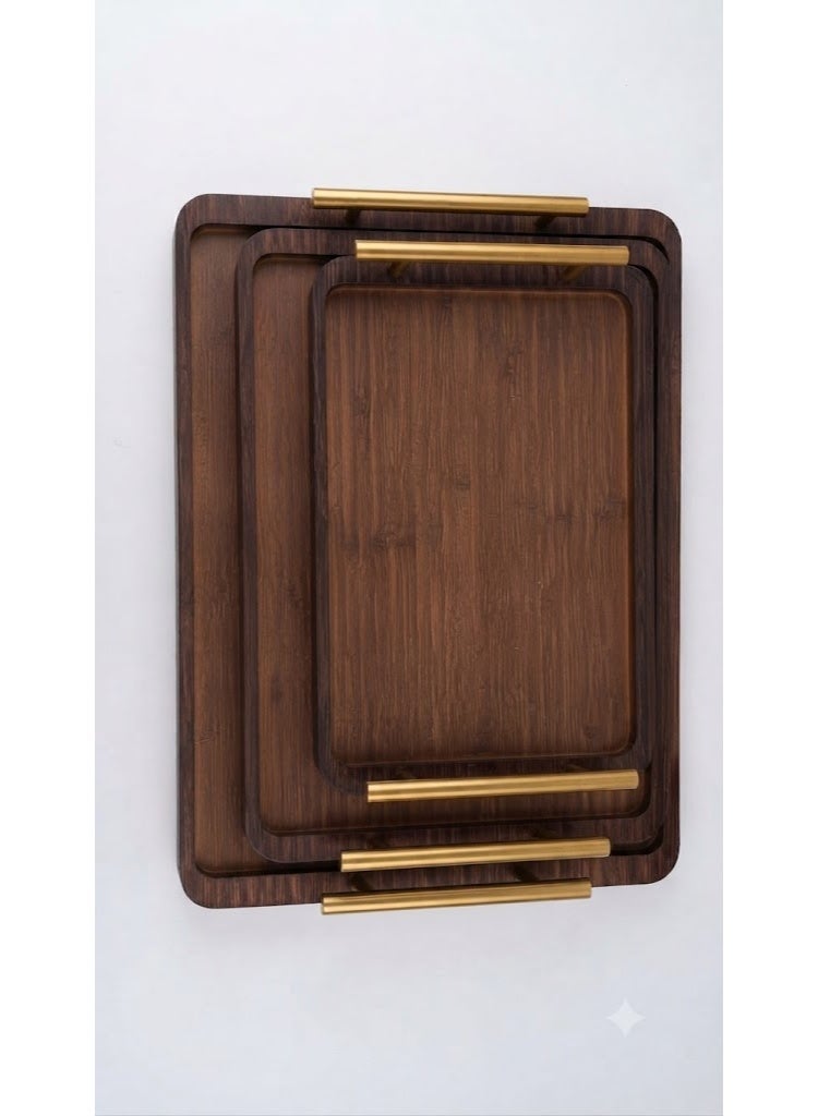 Dark Brown Wooden Rectangular Serving Tray Set with Gold Handles, Multi-Size Set - Image 1
