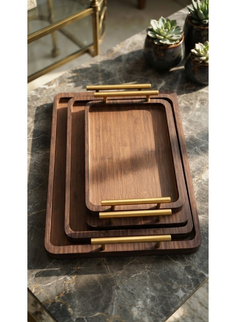 Dark Brown Wooden Rectangular Serving Tray Set with Gold Handles, Multi-Size Set - Image 2