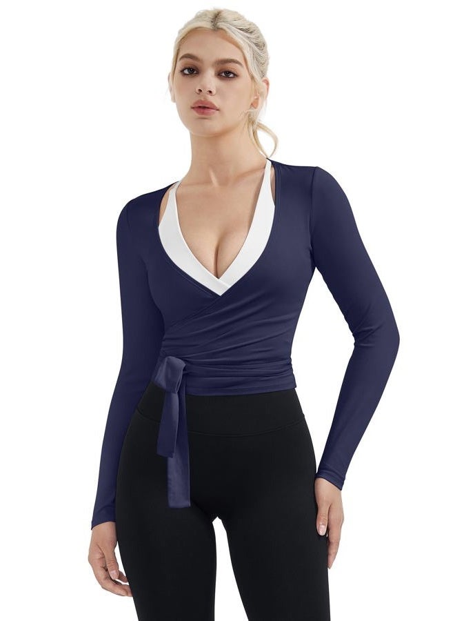 SUUKSESS Women Pilates Wrap Workout Cropped Top Ribbed Long Sleeve V Neck Tie Front Ballet Yoga Shrug Blouse, Navy Blue, S - Image 1