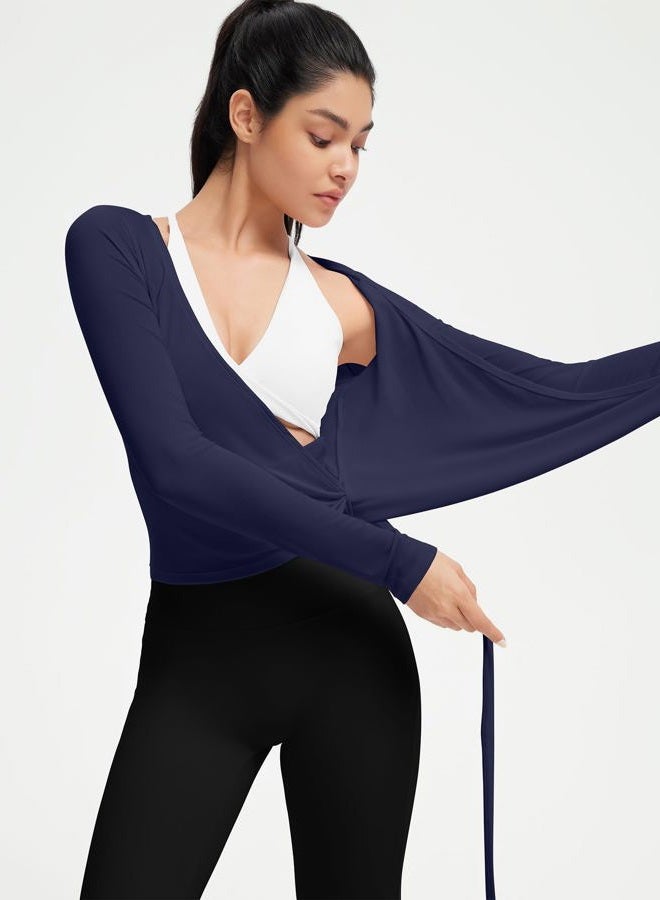 SUUKSESS Women Pilates Wrap Workout Cropped Top Ribbed Long Sleeve V Neck Tie Front Ballet Yoga Shrug Blouse, Navy Blue, S - Image 4