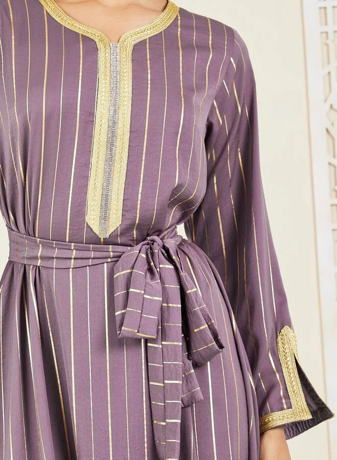 Styli Foil Striped Lace Trim Jalabiya with Self Tie Up