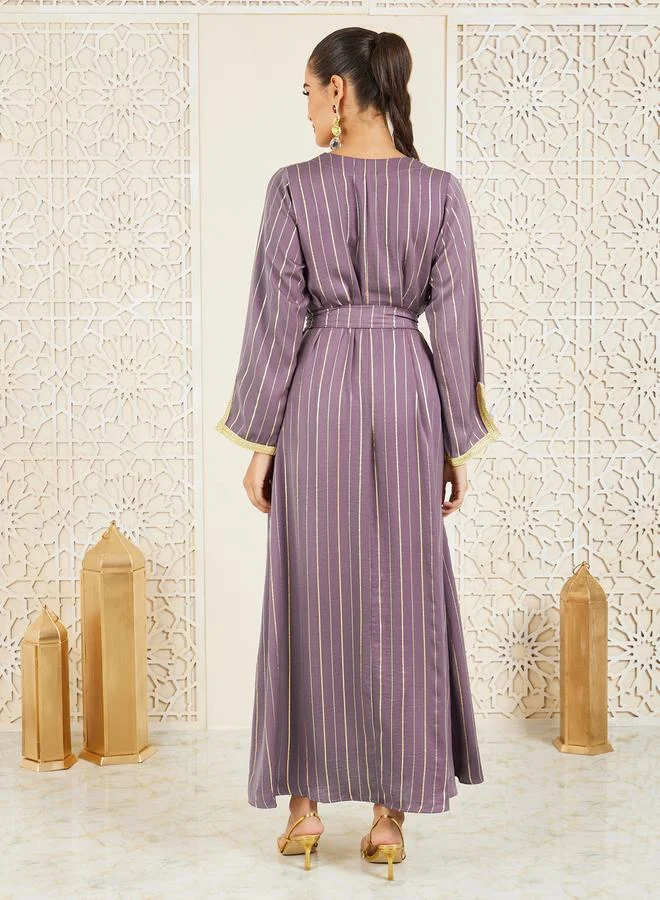 Styli Foil Striped Lace Trim Jalabiya with Self Tie Up