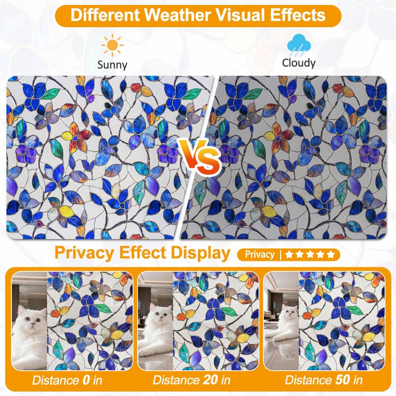 Countewol Colorful Leaf Static Cling Window Film Frosted Stained Glass Privacy Anti-Glare UV Protection for Home & Bathroom (Textured Stained Leaf, 17.5 x 78.7 in) - Image 3
