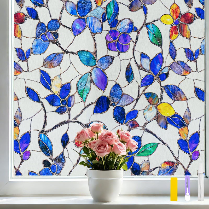 Countewol Colorful Leaf Static Cling Window Film Frosted Stained Glass Privacy Anti-Glare UV Protection for Home & Bathroom (Textured Stained Leaf, 17.5 x 78.7 in) - Image 1