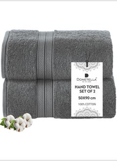 Donetella Premium 100 % Combed Cotton 2-Pcs Hand Towel Set (50 X 90 CM) 600 GSM Super Soft Hand Towel, Highly Absorbent, Quick Dry,Best Towel for Bathroom, Spa And Hotel,Grey  - Image 1