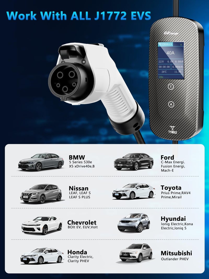 Tyocle 2025 New Portable Level 2 EV Charger (40Amp, 240V, NEMA 14-50P) with 23 Ft Cable. The Mobile Electric Vehicle Equipment Works Home Car Charging, Offering Charging for EV Model - Image 5
