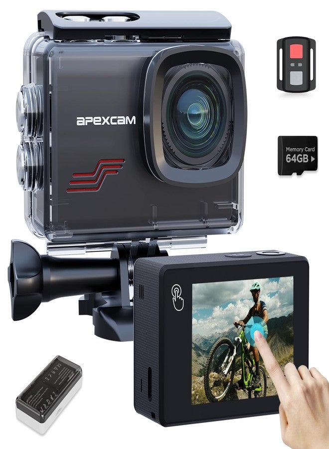 Apexcam Action Camera 4K Touch Screen, 131FT Waterproof Camera Underwater, 60FPS 64MP Sports Camera Helmet for Vlog, 170 ° WiFi Camcorder, 8X Zoom, Remote Control, 64GB Card,Mount Accessories - Image 1