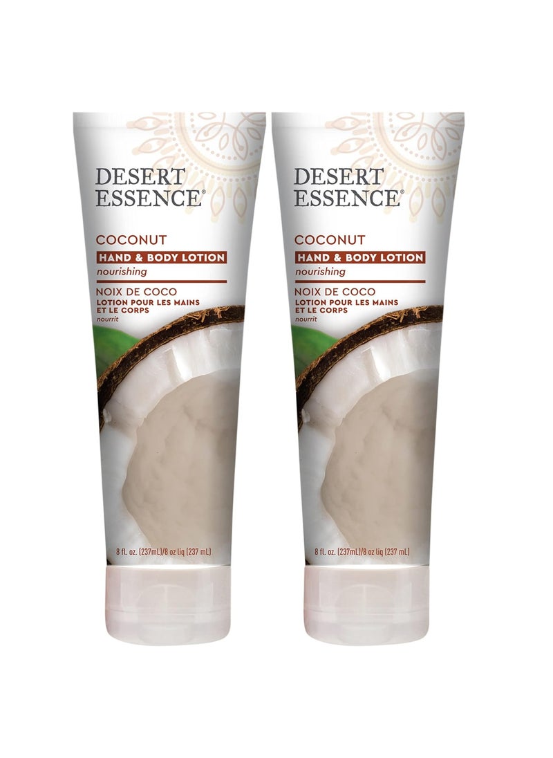 DESERT ESSENCE - Desert Essence Coconut Hand  Body Lotion Nourishing Organic Coconut Oil Hibiscus Flower Extract  Jojoba Oil  Softens  Moisturizes Skin  Vegan CrueltyFree SulfateFree  8oz Pack of 2 - Image 1