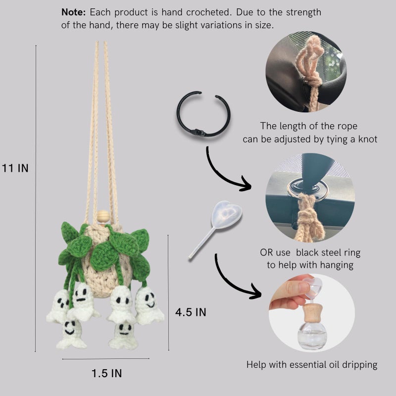 ROFIGL Handmade Crochet Hanging Car Air Freshener - Glow-in-the-Dark Lily of the Valley Plant with 12ml Refillable Essential Oil Diffuser Bottle, Halloween Car Accessories & Bedroom Nightlight Decor - Image 3