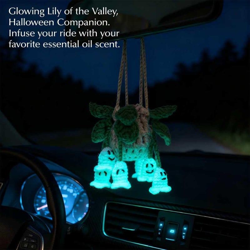 ROFIGL Handmade Crochet Hanging Car Air Freshener - Glow-in-the-Dark Lily of the Valley Plant with 12ml Refillable Essential Oil Diffuser Bottle, Halloween Car Accessories & Bedroom Nightlight Decor - Image 2
