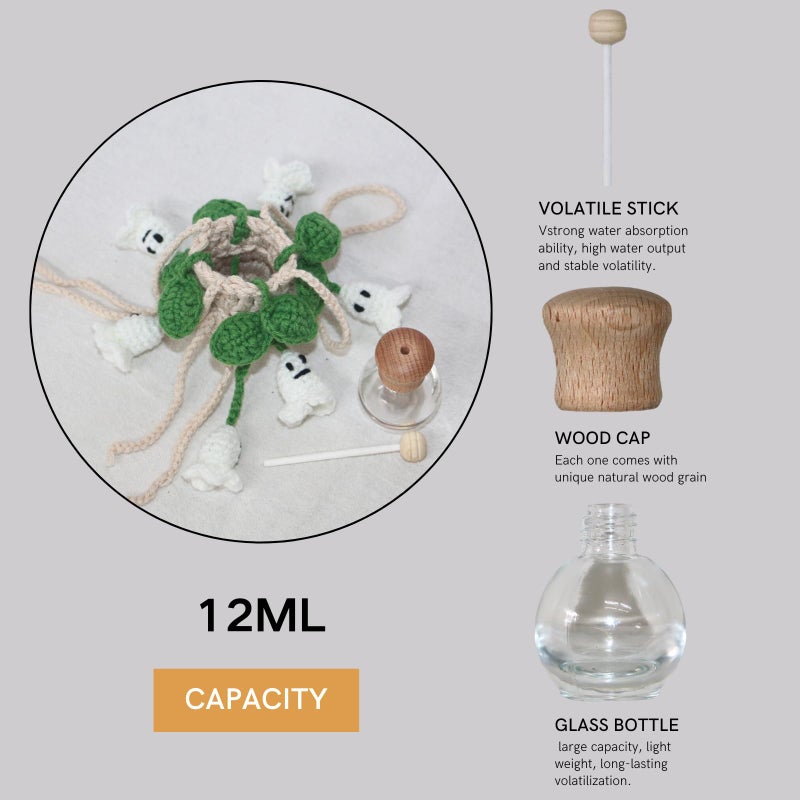 ROFIGL Handmade Crochet Hanging Car Air Freshener - Glow-in-the-Dark Lily of the Valley Plant with 12ml Refillable Essential Oil Diffuser Bottle, Halloween Car Accessories & Bedroom Nightlight Decor - Image 4