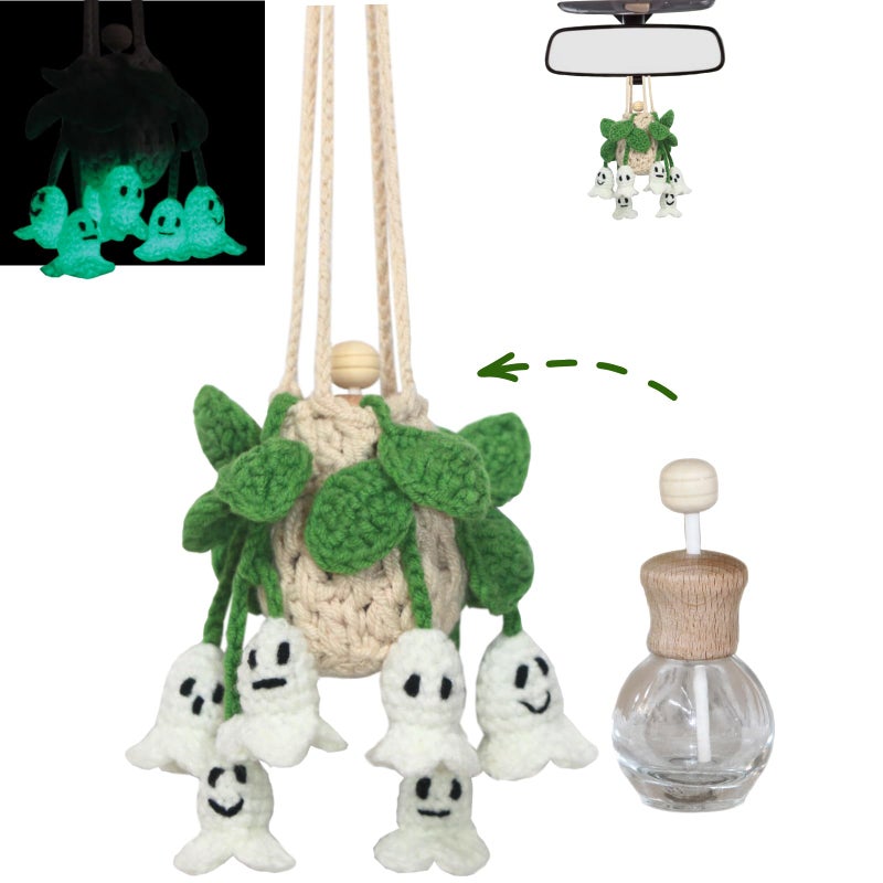 ROFIGL Handmade Crochet Hanging Car Air Freshener - Glow-in-the-Dark Lily of the Valley Plant with 12ml Refillable Essential Oil Diffuser Bottle, Halloween Car Accessories & Bedroom Nightlight Decor - Image 1