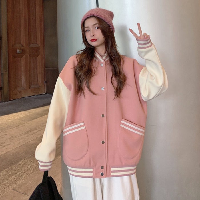 Korean style baseball uniform womens spring and autumn all-matching couple wear ins trendy new Harajuku style fried street coat salt womens top Pink 