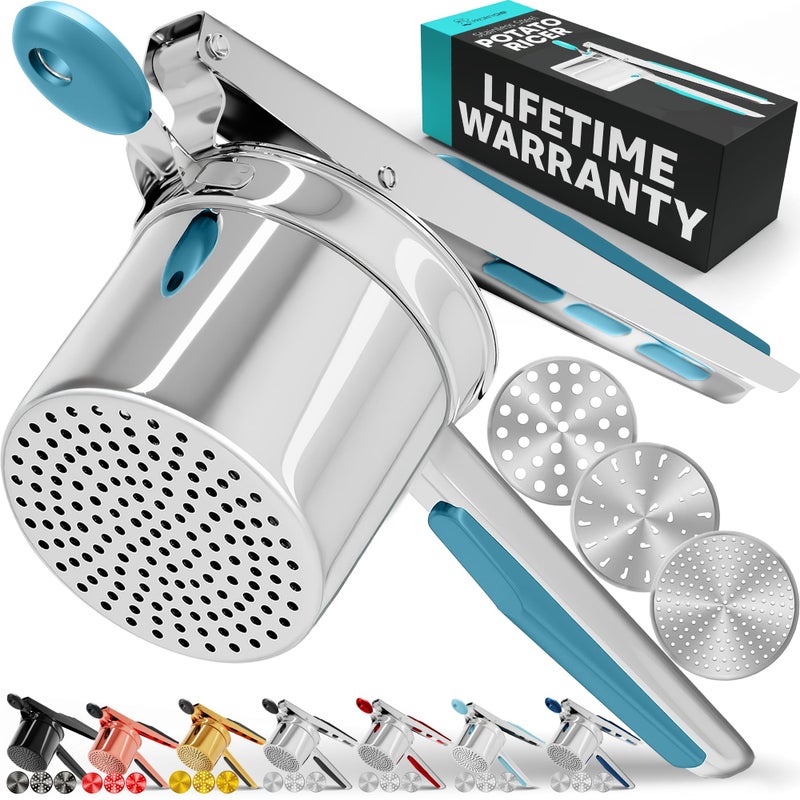 PriorityChef Large 15oz Potato Ricer With 3 Discs Heavy Duty Stainless Steel Potato Ricer for Mashed Potatoes Potato Masher Press and Ricer Kitchen Tool Turquoise