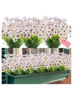 Excefore 12 Bundles Artificial Flowers Outdoor UV Resistant Fake Flowers No Fade Plastic Plants Greenery Shrubs Garden Porch Window Box Decorating, Faux Violet Flower (White)  - Image 2