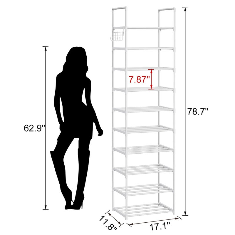 WEXCISE Metal Shoe Rack Organizer 10 Tiers, 20-24 Pairs Narrow Tall Shoe Racks for Closets Entryway - Vertical Boots Organizer Storage - Sturdy Shoe Shelf Cabinet White - Image 3