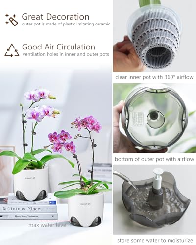 Meshpot 5 inch Orchid Pots with Holes for Repotting with Excellent Airflow, Set of 2, Double Layer Plastic Imitate Ceramic Orchid Planter, Clear Orchid Pot Match Decorative Orchid Container - Image 2