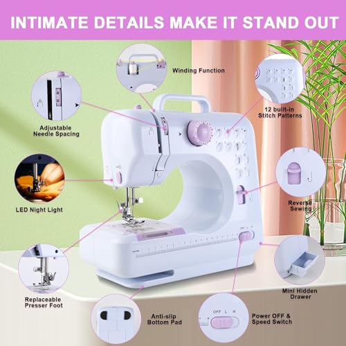 JUCVNB Sewing Machine for Beginners & Kids, Mini Portable Sewing Machines with 12 Built-in Stitch Patterns, 2-Speed Foot Pedal, Perfect for Teaching Daughter Granddaughter to Sew(27 Pieces Sewing Kit & Case) - Image 3