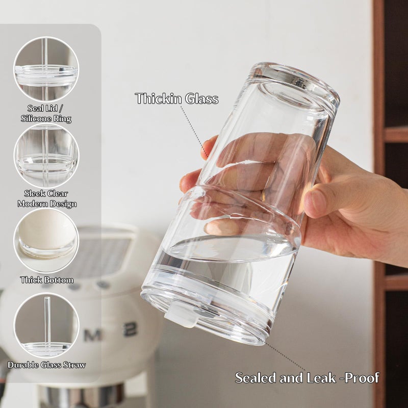 INSETLAN 20oz Clear Glass Cup with Lid and Glass Straw, Set of 2 Thickened Glass Coffee Tumblers, Drinking Glasses with Straw for Smoothie, Tea, Milk, Whiskey, Water and More â€“ Elegant & Durable - Image 4
