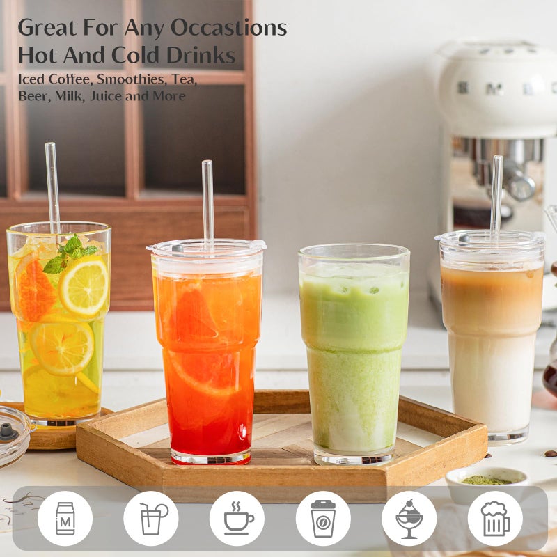INSETLAN 20oz Clear Glass Cup with Lid and Glass Straw, Set of 2 Thickened Glass Coffee Tumblers, Drinking Glasses with Straw for Smoothie, Tea, Milk, Whiskey, Water and More â€“ Elegant & Durable - Image 3
