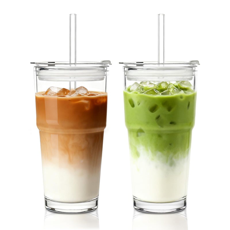 INSETLAN 20oz Clear Glass Cup with Lid and Glass Straw, Set of 2 Thickened Glass Coffee Tumblers, Drinking Glasses with Straw for Smoothie, Tea, Milk, Whiskey, Water and More â€“ Elegant & Durable - Image 1