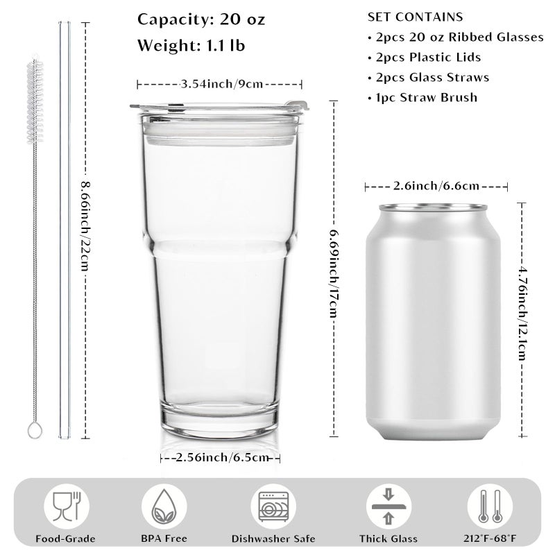 INSETLAN 20oz Clear Glass Cup with Lid and Glass Straw, Set of 2 Thickened Glass Coffee Tumblers, Drinking Glasses with Straw for Smoothie, Tea, Milk, Whiskey, Water and More â€“ Elegant & Durable - Image 2