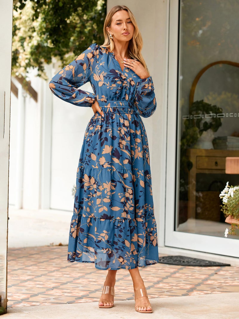 Simplee Women's Floral Boho Long Sleeve Maxi Dress V Neck Empire Waist Swing Flowy Wedding Guest Dress Dusty Blue Floral L - Image 4