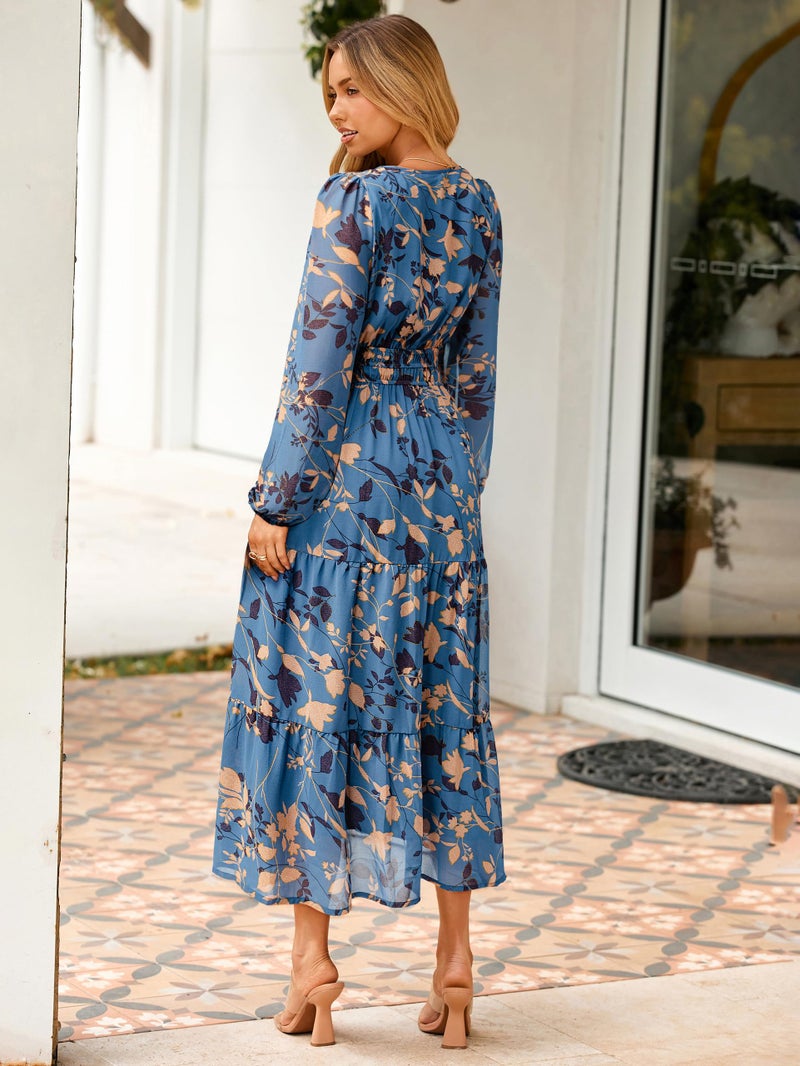 Simplee Women's Floral Boho Long Sleeve Maxi Dress V Neck Empire Waist Swing Flowy Wedding Guest Dress Dusty Blue Floral L - Image 5