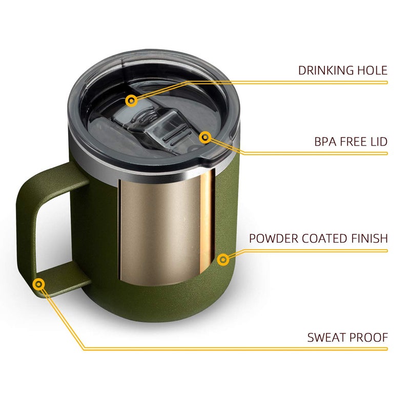 ALOUFEA 12oz Stainless Steel Insulated Coffee Mug with Handle  Double Wall Vacuum Travel Mug  Tumbler Cup with Sliding Lid  Army Green - Image 4