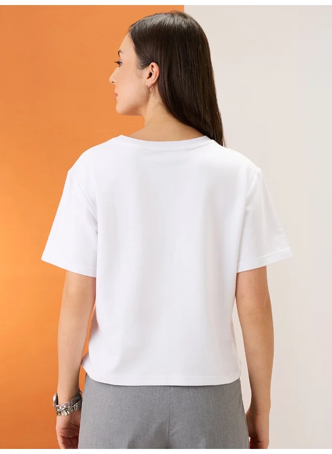globus Women White Typography Print Embellished Detail Round Neck Short Sleeves Boxy Fit Crop T-Shirt