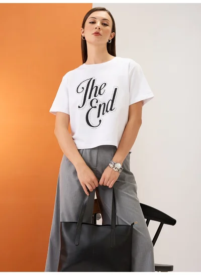 globus Women White Typography Print Embellished Detail Round Neck Short Sleeves Boxy Fit Crop T-Shirt
