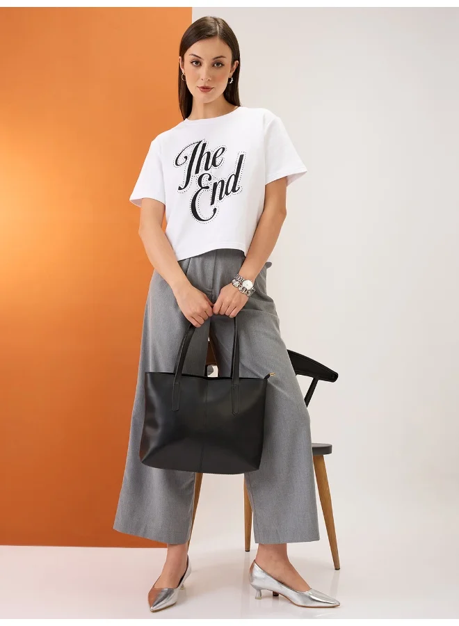 globus Women White Typography Print Embellished Detail Round Neck Short Sleeves Boxy Fit Crop T-Shirt