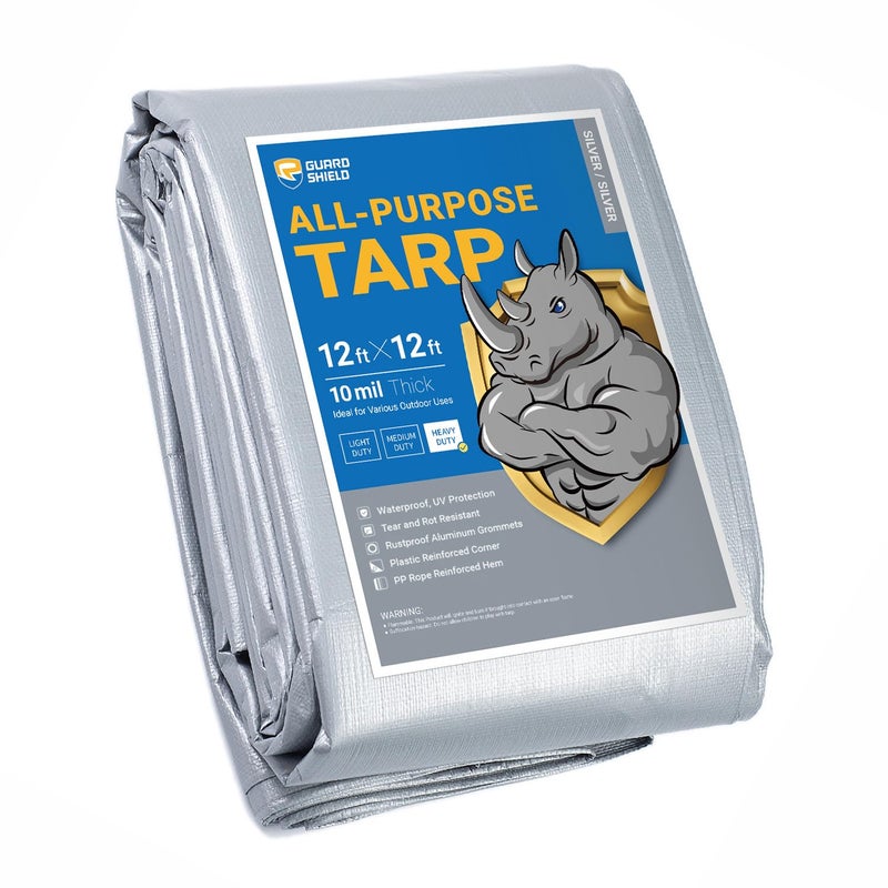GUARD SHIELD Heavy Duty Tarp 12x12 Feet Silver Multi Purpose Thick Waterproof Poly Tarp Cover 10mil