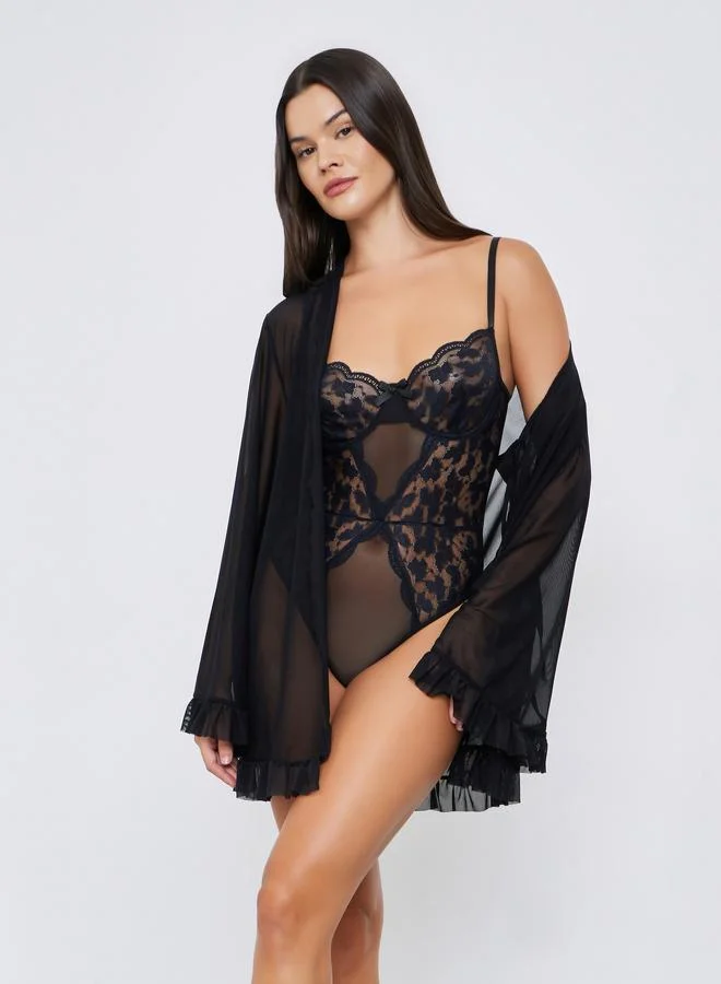 Styli Lace Panel Bodysuit with Robe and Mesh Stockings