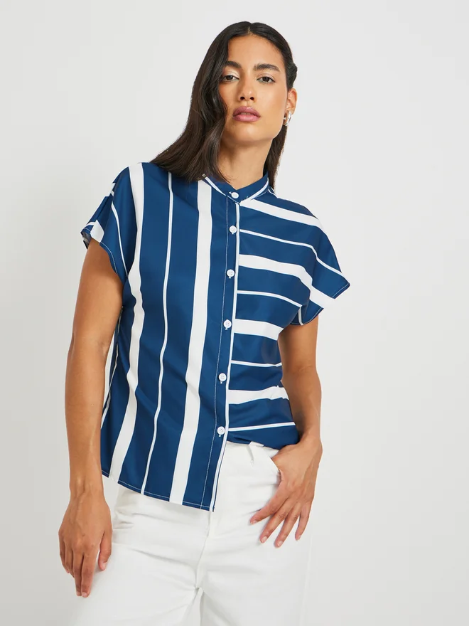 Take Two Take Two Striped Mandarin Collar Buttoned Top