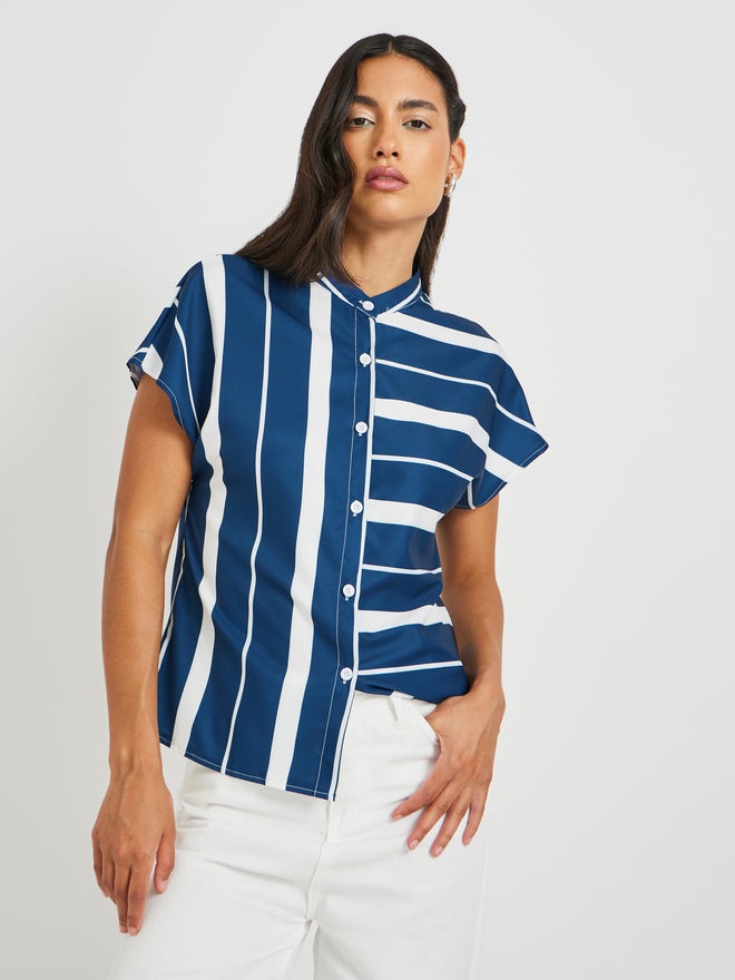 Take Two Take Two Striped Mandarin Collar Buttoned Top  - Image 3