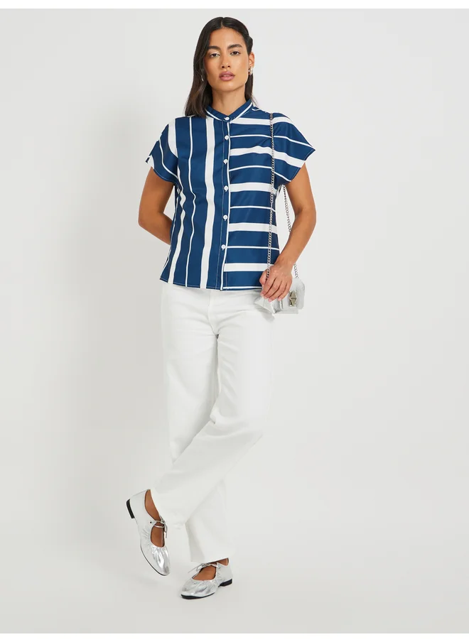 Take Two Take Two Striped Mandarin Collar Buttoned Top